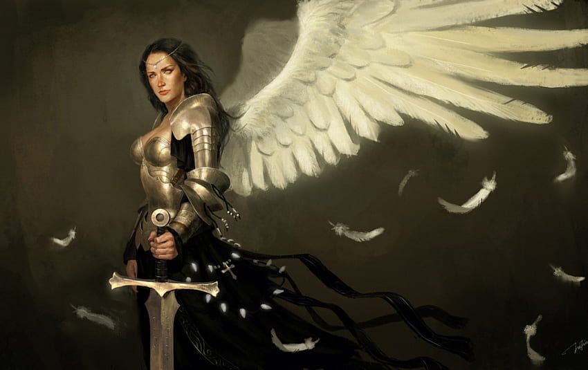 Ángel, alas, blanco, espada, arte, niña, armadura, mujer, pluma, fantasía fondo de pantalla