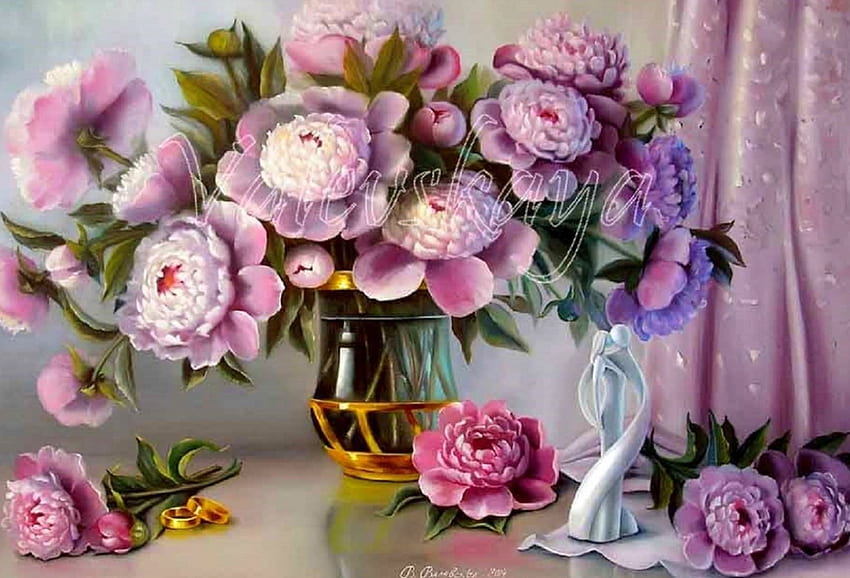 ✿⊱•╮Festive_Peonies╭•⊰✿, peonies, paintings, lovely still life, gold rings, love four seasons, vases, draw and paint, nature, flowers HD wallpaper