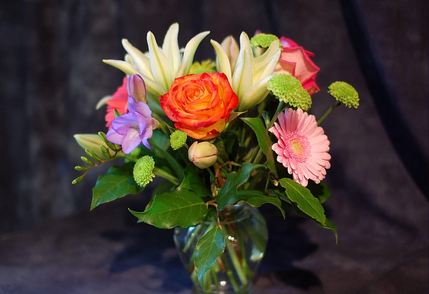 Fiori, rose, foglie, crisantemo, bellezza, bouquet, vaso Sfondo HD
