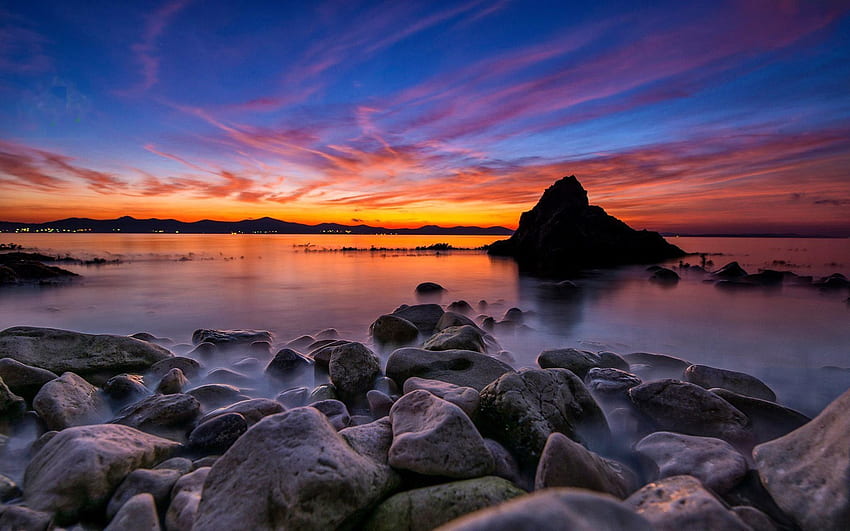 Croatia Sunset, sea, adratic, colors, mediterranean, sky, rocks, stones, beach HD wallpaper