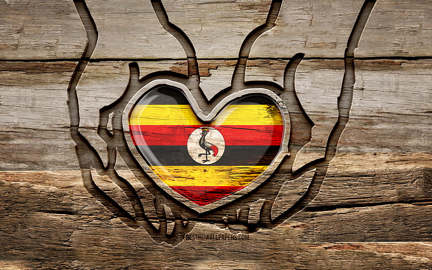 Me encanta Uganda, manos talladas en madera, día de Uganda, bandera de Uganda, bandera de Uganda, cuidar Uganda, creativo, bandera de Uganda, bandera de Uganda en la mano, talla de madera, países africanos, Uganda fondo de pantalla