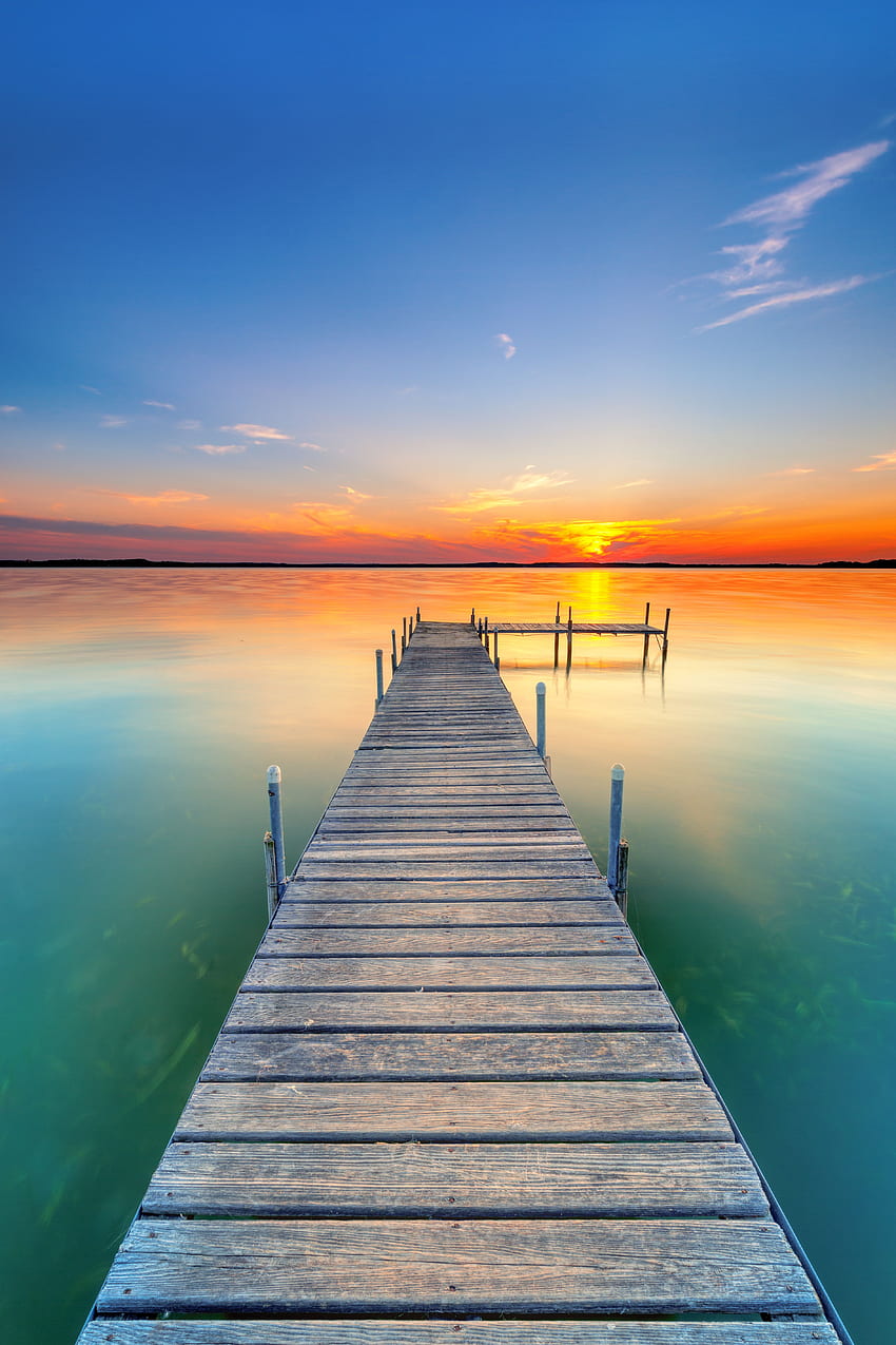 molo, lago, tramonto, acqua, dell'orizzonte, Lake Dock Sunset Sfondo del telefono HD