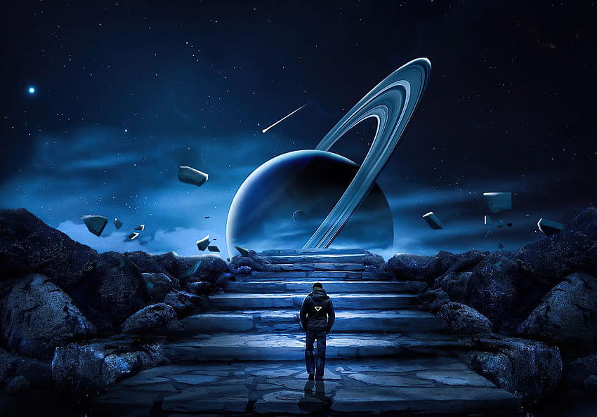 Астронавт на Сатурн, атмосфера, свят, изкуство, астрономически обект, фон - HD тапет