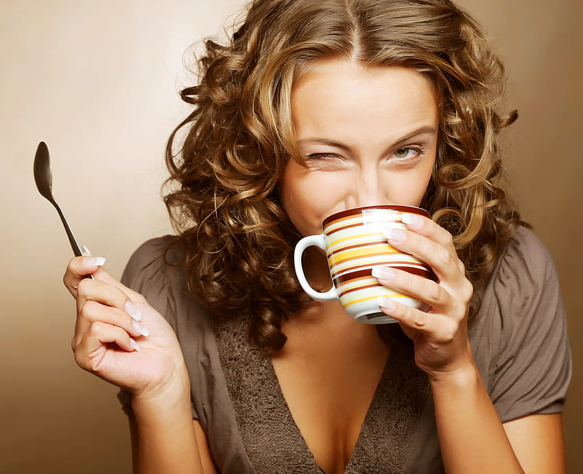 Bom dia!, manhã, jovem, café, curtindo, mulher papel de parede HD