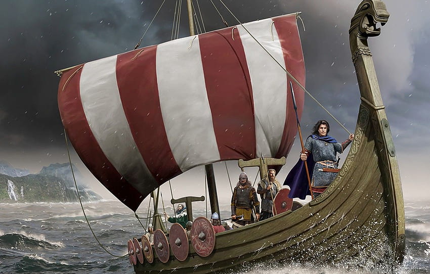 Mar, Barco, Lanza, Los vikingos, Drakkar, marineros, Hacha de batalla nórdica, Skandinavskie para, sección живопись, Barco vikingo fondo de pantalla