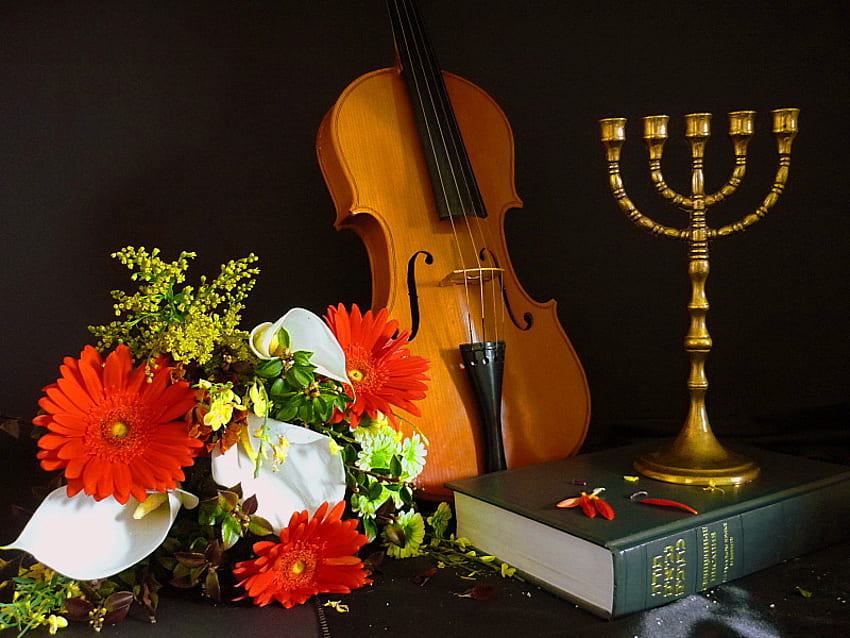 Martwa natura, muzyka, książka, świeca, kwiaty, skrzypce Tapeta HD