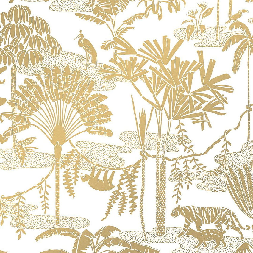 Jungle Dream Designer Screen Printed in Sphinx 'Gold on White' at 1stDibs, Jungle Print HD phone wallpaper