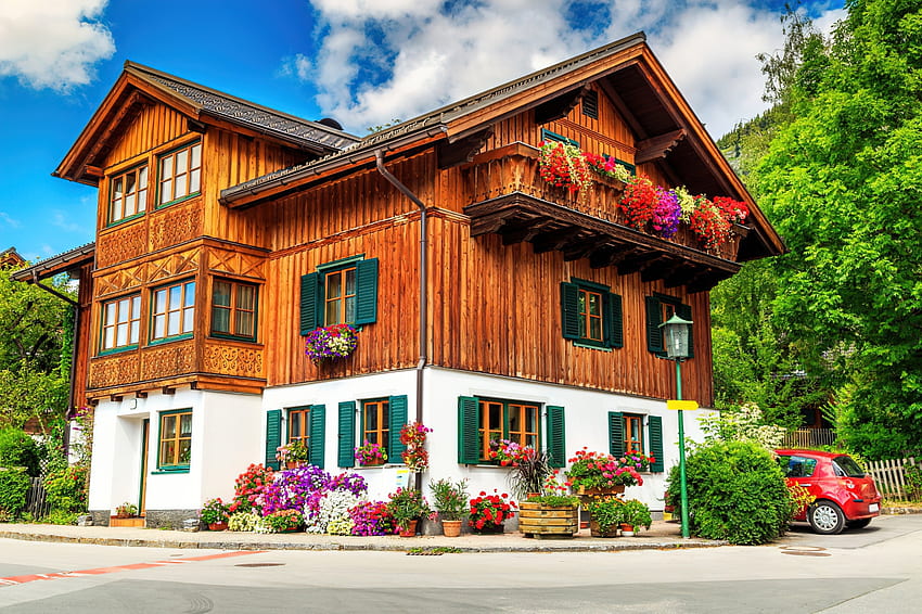 Dom alpejski, Alpy, kolorowy, drewniany, que, dom, piękny, balkon, wiosna, lato, Austria, kwiaty, Eurpoe Tapeta HD