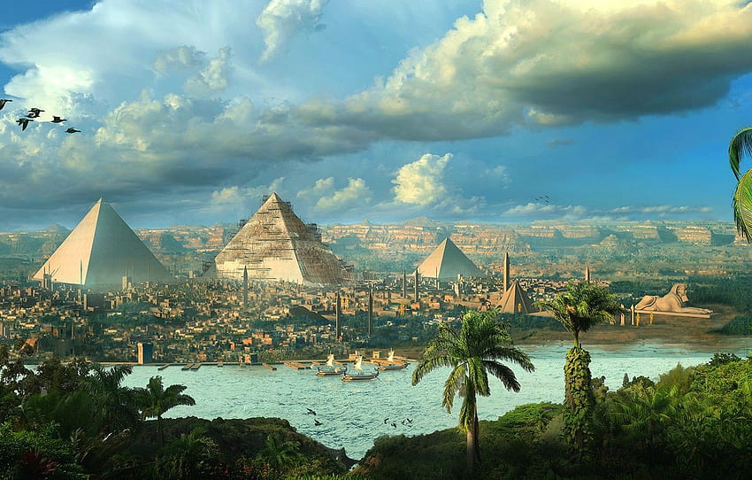 鳥, 都市, ヤシの木, ピラミッド, エジプトの, セクション рендеринг, エジプトの自然 高画質の壁紙