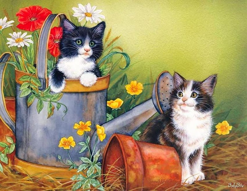 Cats, abstract, painting, art, flower, sprinkle, cat HD wallpaper