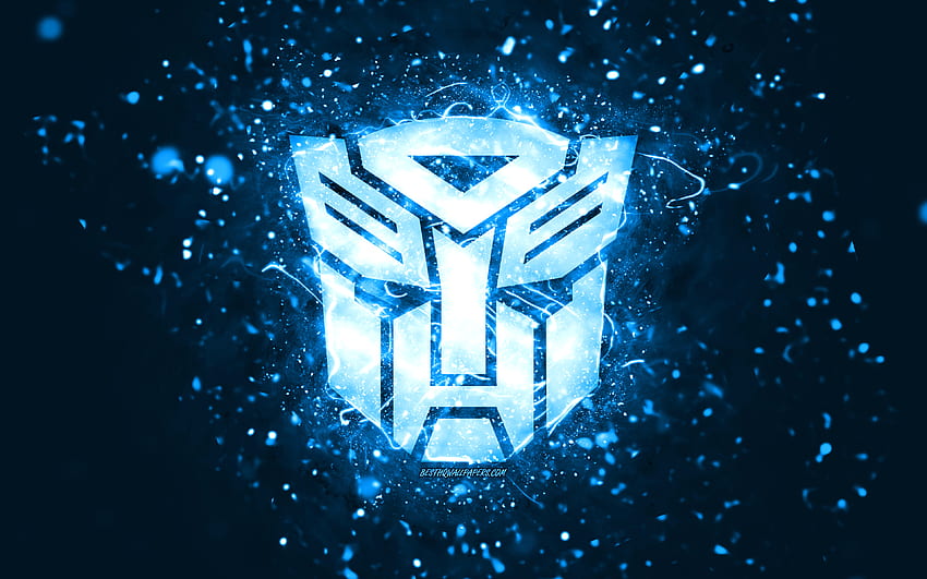Transformers mavi logosu, mavi neon ışıklar, yaratıcı, mavi soyut arka plan, Transformers logosu, sinema logoları, Transformers HD duvar kağıdı