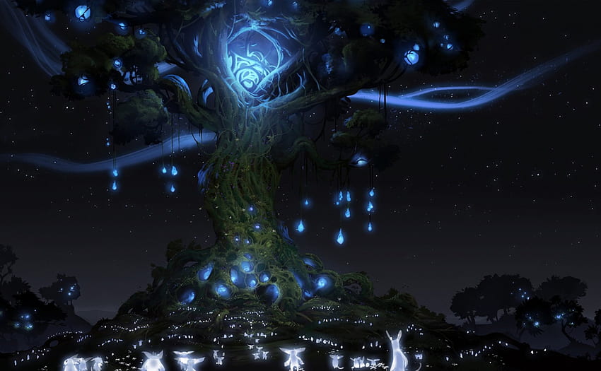 Ori and the Blind Forest, noche, negro, arte, oscuro, árbol, digital, fantasía, animales, luz, mágico, luminos fondo de pantalla