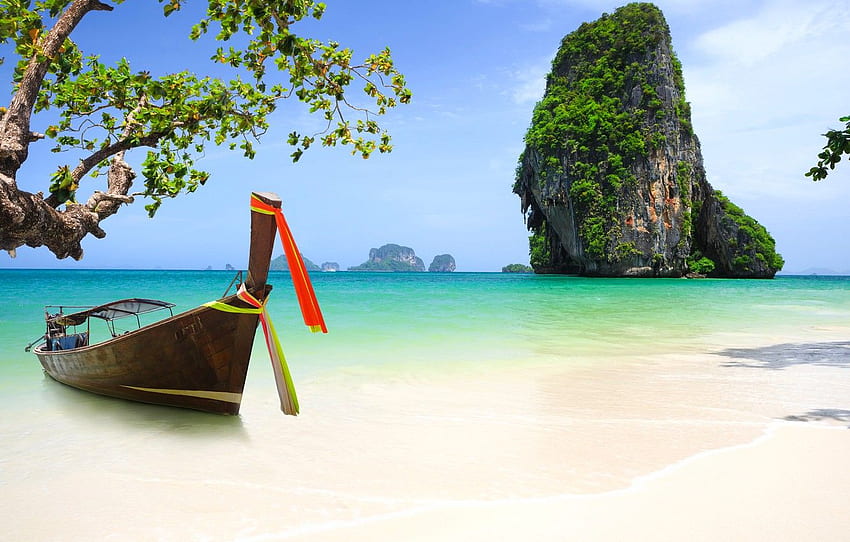 sea, beach, rock, tree, coast, boat, Asia, Thailand HD wallpaper