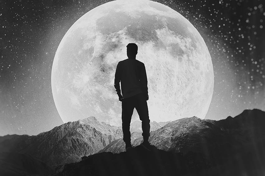 luna, silueta, solo, explorador, hombre, montañas fondo de pantalla
