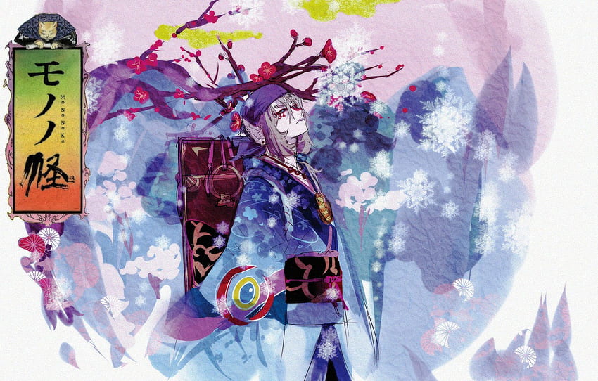 flowers, snowflakes, tree, art, guy, Mononoke, Kusuriuri for , section прочее, Mononoke Medicine Seller HD wallpaper