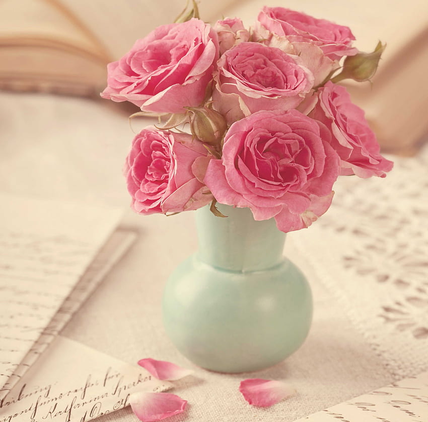 ดอกไม้ วินเทจ ดอกกุหลาบ ช่อดอกไม้ โรแมนติก สีชมพู แจกัน ดอกแอสเตอร์ โรแมนติก วินเทจ วอลล์เปเปอร์ HD