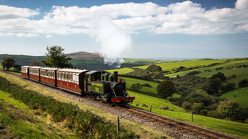 Tren antiguo en Exmor, Devon, Inglaterra, nubes, árboles, ferrocarriles, paisaje, cielo, tren, naturaleza, vapor fondo de pantalla
