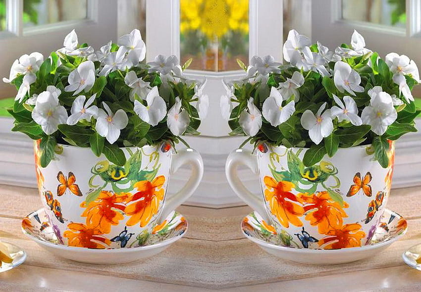Blüten, Tassen & Schmetterlinge, Tassen, Schmetterlinge, weiß, grün, Blüten, orange HD-Hintergrundbild