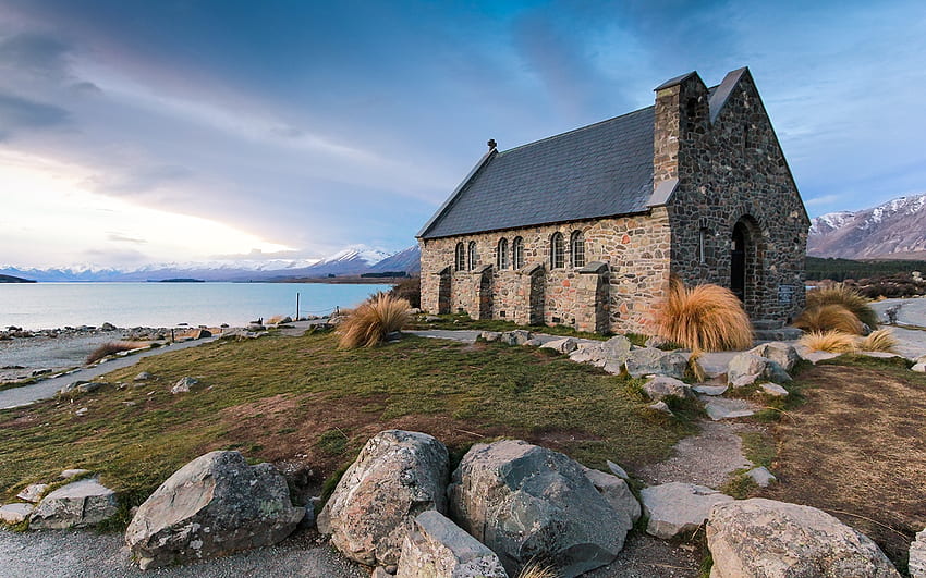 Църква на добрия пастир, Нова Зеландия, църква, скали, езеро HD тапет