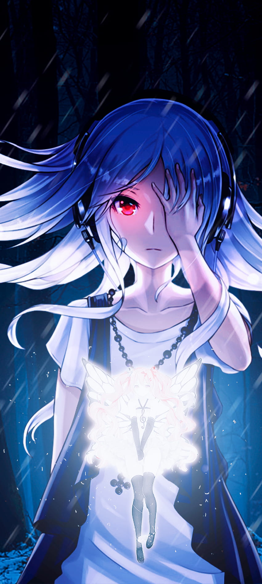 Anime Girl, Blizzard, Red Eyes, Glowing, Fairy, Forest for Samsung Galaxy Note 20 & S20 FE, Xiaomi Mi 10T Pro, Poco F2 Pro, Anime Glowing Eyes HD 전화 배경 화면