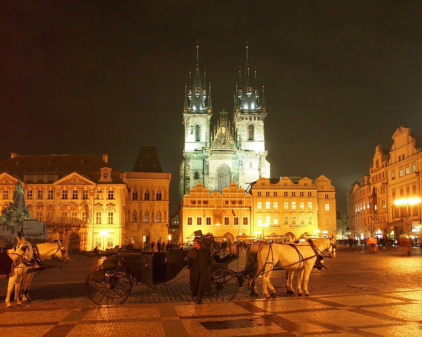 A mais incrível praça da cidade velha, noite de Praga e papel de parede HD
