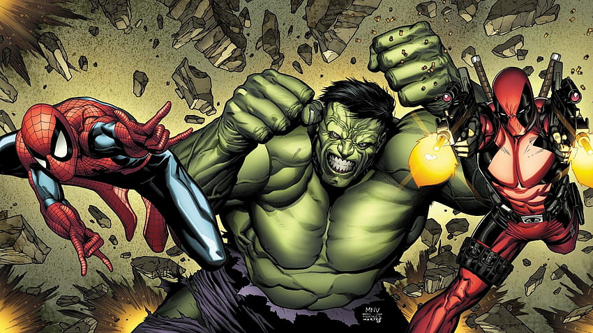 : ilustración, dibujos animados, Marvel Comics, Hulk, Spider Man, Hulk vs Deadpool fondo de pantalla