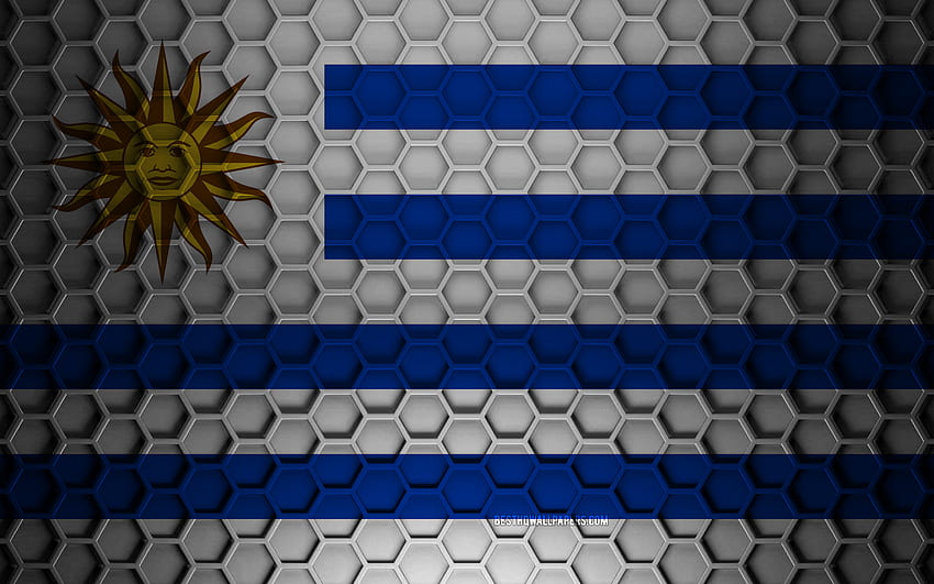 Uruguay flag, 3d hexagons texture, Uruguay, 3d texture, Uruguay 3d flag, metal texture, flag of Uruguay HD wallpaper