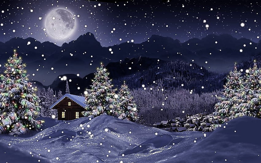 Waktu Natal, musim dingin, liburan, bulan, natal, pohon Wallpaper HD