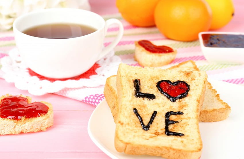 좋은 아침, 머그잔, 오렌지, 차, 토스트, 사랑, 잼, 음료 HD 월페이퍼