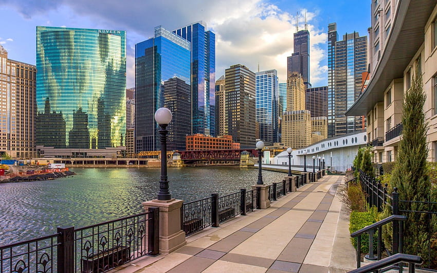 the chicago river r, river, skyscrapers, city, r, walkway HD wallpaper