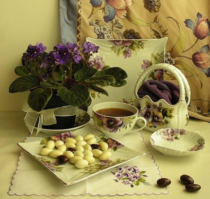 beautiful arrangement, still life, tea, sweets, soft, candy, lilac HD wallpaper