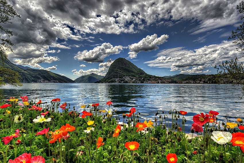 Springtime In Lugano Switzerland, city, Lugano, lake, Switzerland, poppies, clouds, flowers, sky, Spring, mountains, water HD wallpaper