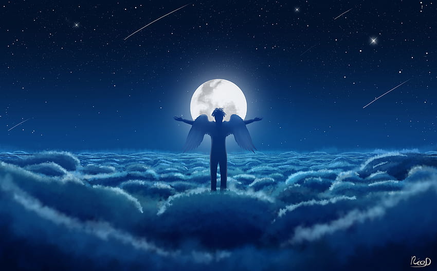Sky, Art, Clouds, Moon, Wings, Angel HD wallpaper
