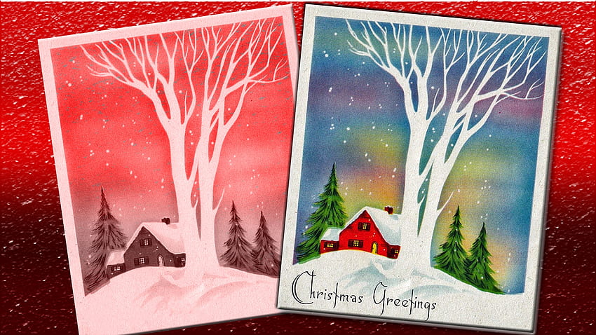 ビンテージ クリスマスの挨拶、雪の家、クリスマス、赤、クリスマスの挨拶、雪、常緑の木、カラフルな空、松の木 高画質の壁紙