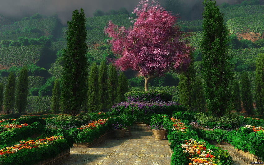 Paisaje, Flores, Árboles, 3D, Jardín fondo de pantalla