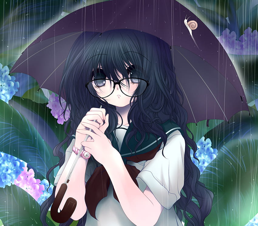 Дъжд, чадър, дъжд, очила, цветя, момиче, дълга коса, охлюв HD тапет