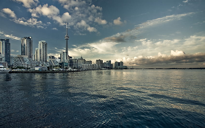 water, clouds, cityscapes, Canada, Toronto, Harbor, bay, CN Tower, harbours, Lake Ontario HD wallpaper