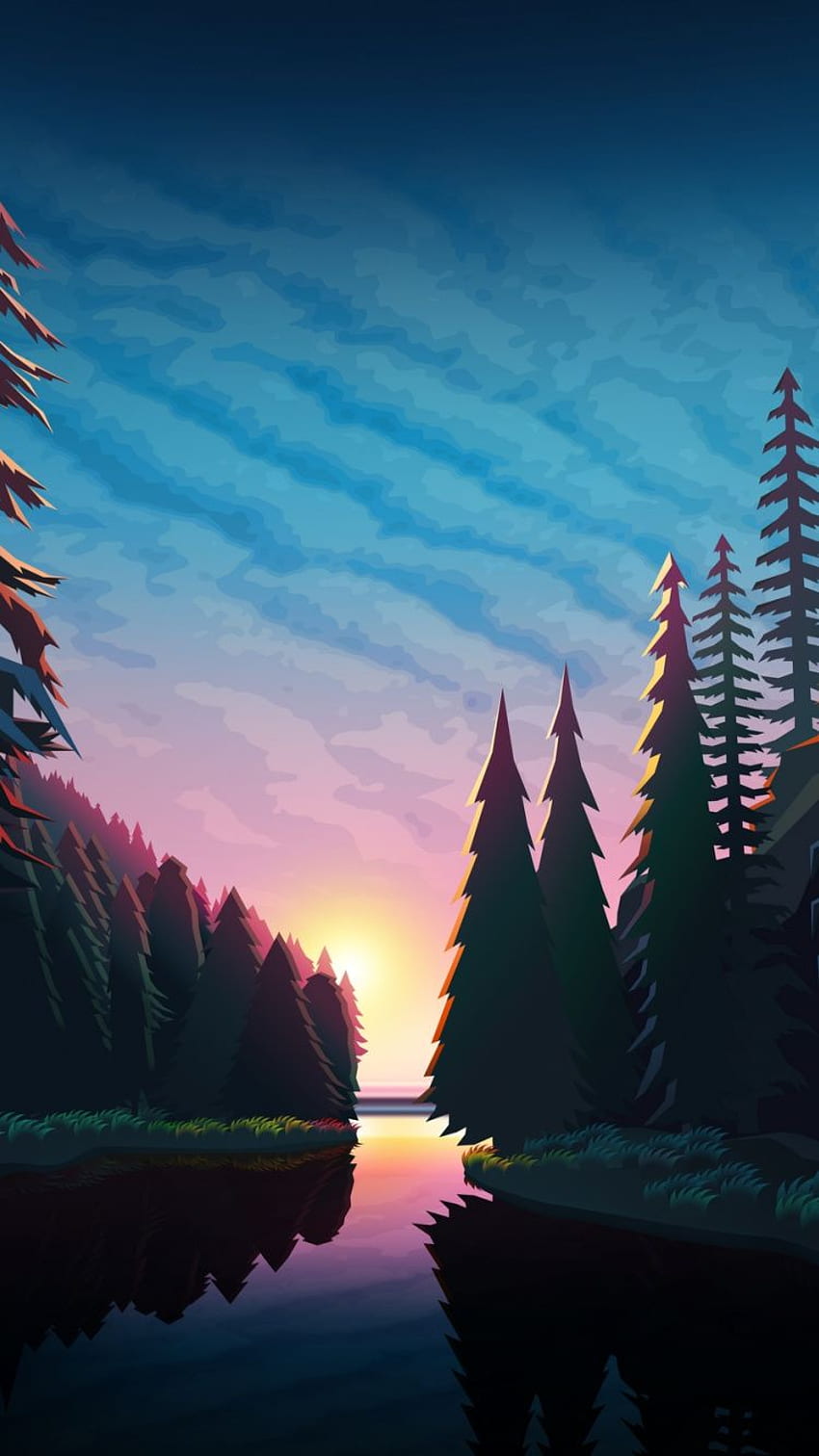 Matahari terbenam, sungai, hutan, karya seni, pepohonan. Pemandangan, Alam, Seni, Sunset Hutan Minimalis wallpaper ponsel HD