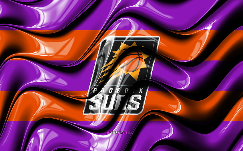 Phoenix Suns bayrağı, mor ve turuncu 3D dalgalar, NBA, Amerikan basketbol takımı, Phoenix Suns logosu, basketbol, ​​Phoenix Suns HD duvar kağıdı