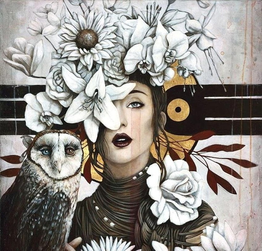 :), girl, owl, bird, art, sophie wilkins, painting, fantasy, pictura, flower, face, bufnita, pasari HD wallpaper