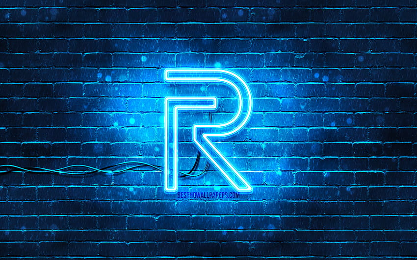 Niebieskie logo Realme, niebieski mur z cegły, logo Realme, marki, neonowe logo Realme, Realme Tapeta HD