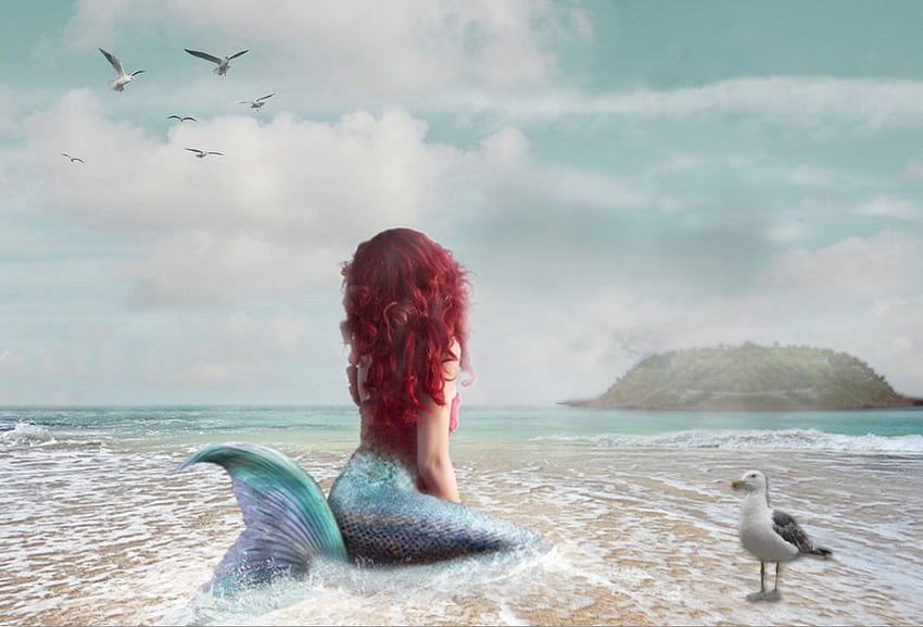~Longing~, shore, sand, Redhead, seas, Mermaid, ocean HD wallpaper