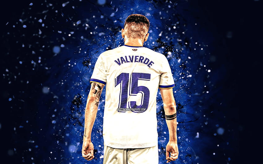 Federico Valverde, มุมมองด้านหลัง, Real Madrid FC, นักฟุตบอลอุรุกวัย, ลาลีกา, แสงนีออนสีน้ำเงิน, ฟุตบอล, ฟุตบอล, Real Madrid CF, LaLiga, Federico Valverde , Federico Valverde Real Madrid วอลล์เปเปอร์ HD