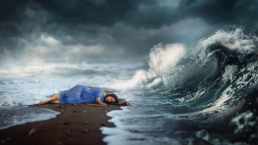 Women, Waves, Lying Down, Blue Dress, Dark Hair, Digital Art HD wallpaper |  Pxfuel