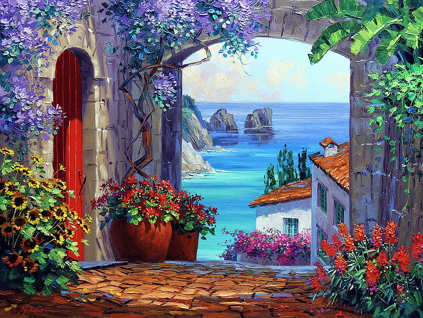 Colors of Capri, houses, artwork, sea, painting, mediterranean, flowers, rocks HD wallpaper