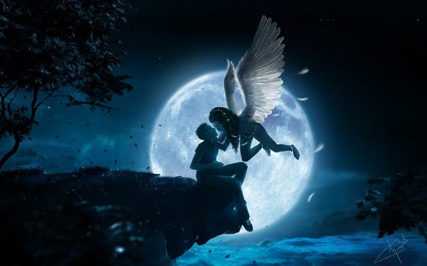 Supernatural Love, night, wings, open, art, girl, altitude, angel, tree, leaves, moon, boy, kiss, cloud HD wallpaper