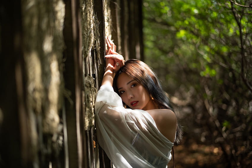 Mujeres asiáticas modelo profundidad de campo pared inclinada arbustos blusa, mujer asiática fondo de pantalla