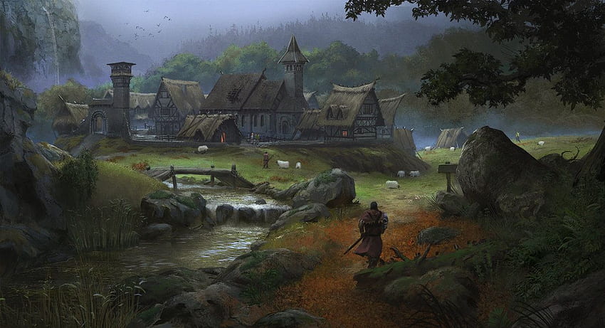 European Medieval Village, Medieval Landscape Painting HD wallpaper