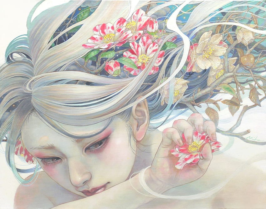 Spring, blue, miho hirano, asian, art, girl, fantasy, flower, red, face, luminos HD wallpaper