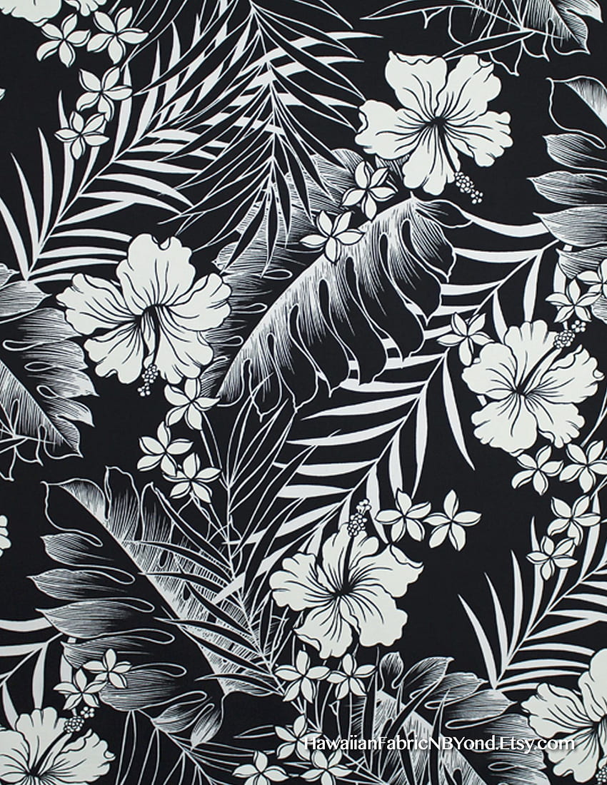 Tecido: Flores de hibisco, monstera e samambaias tropicais em preto e off white. Ilustração tropical, arte, desenho de flores Papel de parede de celular HD
